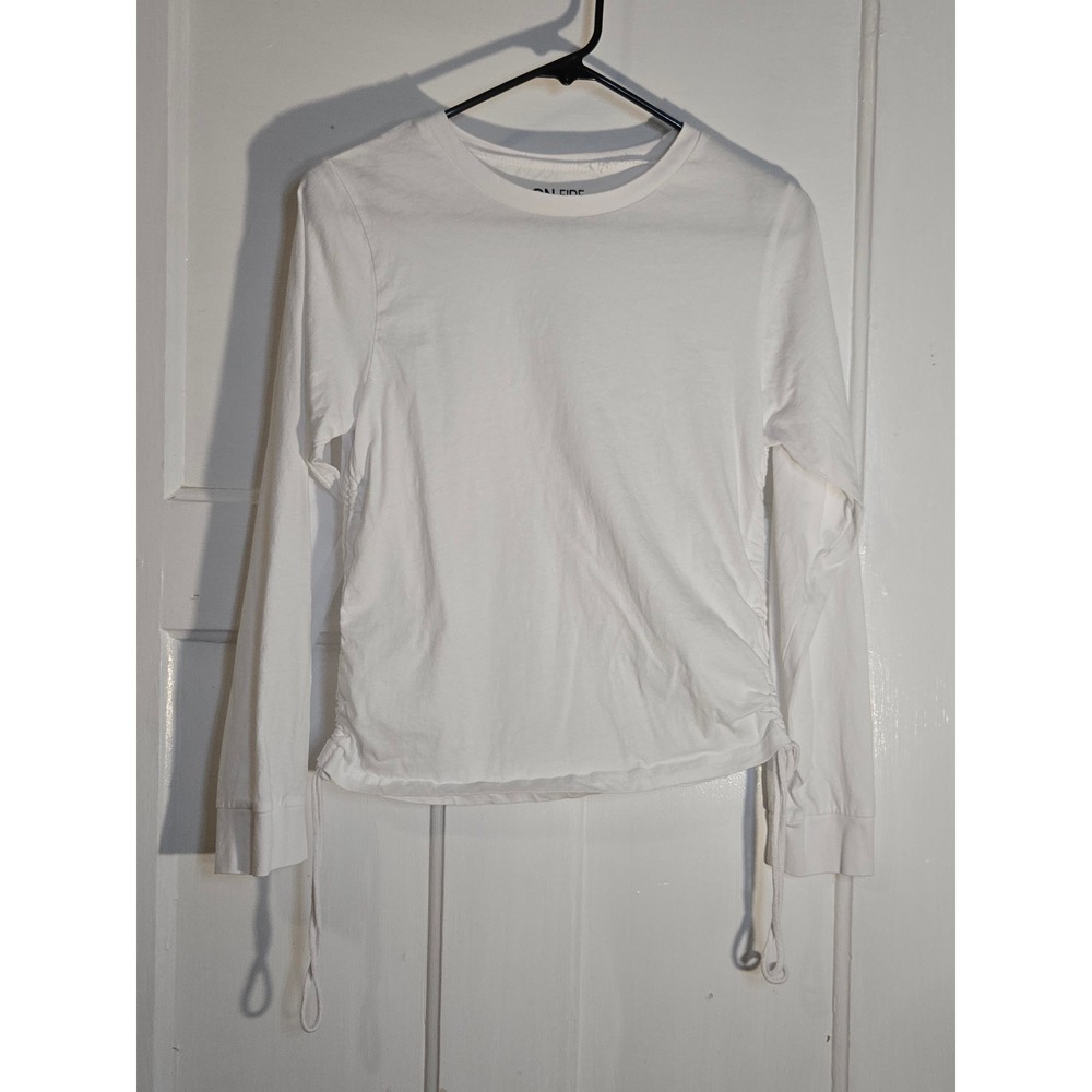 On Fire Womens White Long Sleeve Ruched Side Drawstring Cotton Tee Shirt Size M